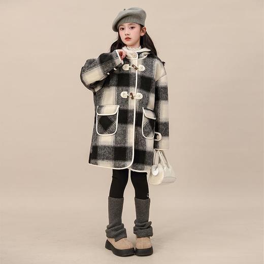 中大童黑色加厚2025新款冬季外套格子女童冬装中长款毛毛衣大衣 商品图3
