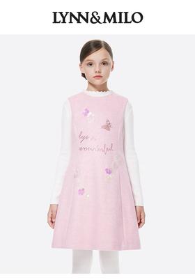 【春上新】8楼琳麦罗 LYNN&MILO 粉色毛呢字母花卉珠绣背心裙