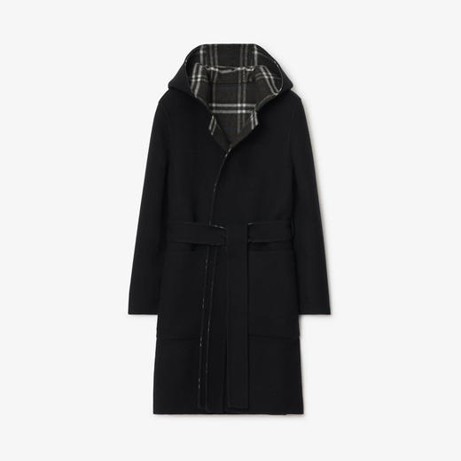 BURBERRY 巴宝莉 女士双面羊毛连帽裹身大衣 黑色 8110898 C1307 商品图0