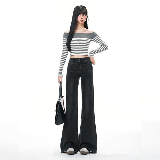 【加绒加厚】罗蒙秋冬款牛仔裤女士深色加厚微喇牛仔裤百搭显腿长舒适长裤 商品图1