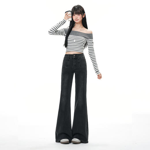 【加绒加厚】罗蒙秋冬款牛仔裤女士深色加厚微喇牛仔裤百搭显腿长舒适长裤 商品图4