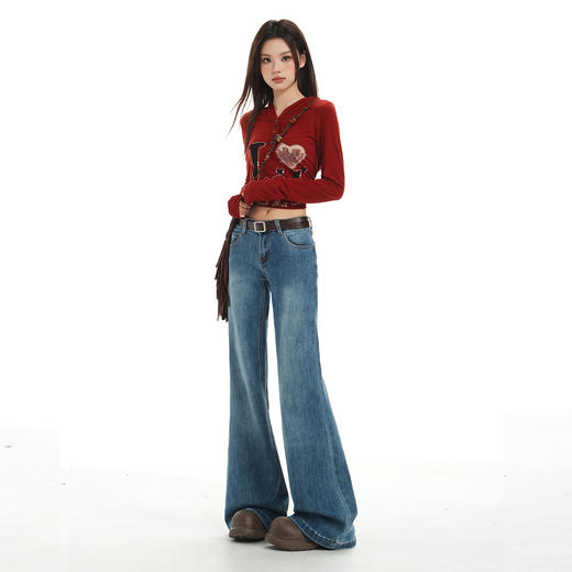 【加绒加厚】罗蒙秋冬款牛仔裤女士加绒保暖高腰微喇宽松百搭长裤子 商品图3