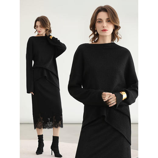 COCOBELLA一字领针织衫女25新款黑色慵懒风气质毛衣MZ0073-2 商品图0