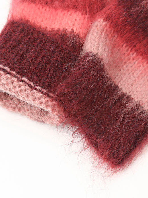 2025 秋冬酒红渐变条纹马海毛开衫女 V 领金属扣宽松毛绒感针织衫 复古氛围感休闲通勤短款毛衣外套 商品图3