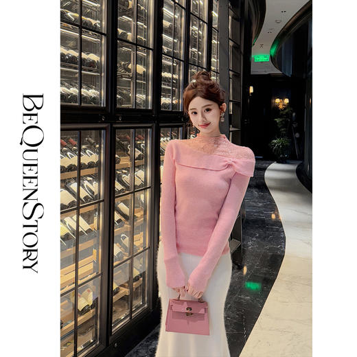 【孤品样衣，不退不换】  【桃香蜜语】时尚百搭设计感100羊毛蕾丝拼接修身针织衫 商品图3