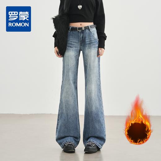 【加绒加厚】罗蒙秋冬款女士牛仔裤浅色加绒保暖舒适高腰微喇宽松百搭长裤子 商品图0