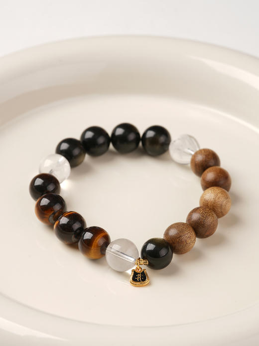 【一念七宝】财富通宝|金耀石虎眼石金丝楠木白水晶三合手串（男款） 商品图5