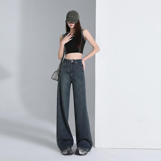 【加绒加厚】罗蒙阔腿牛仔裤女士秋冬款加绒保暖舒适直筒百搭长裤子 商品图1