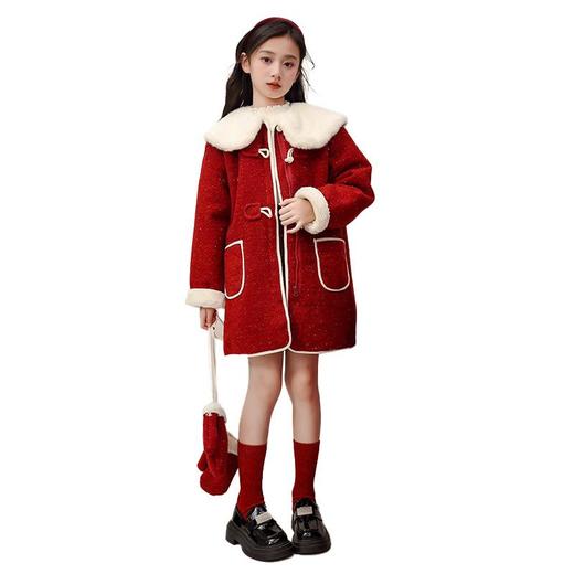 大女童新款可爱新年秋冬毛呢大衣红色毛毛大翻领红色外套甜美拜年 商品图4