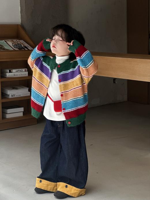 【YW】无忧购“礼物季”25秋冬韩版男女童复古装饰彩虹条纹针织开衫慵懒风毛衣毛绒感外套（截单后3-5天发货) 商品图0