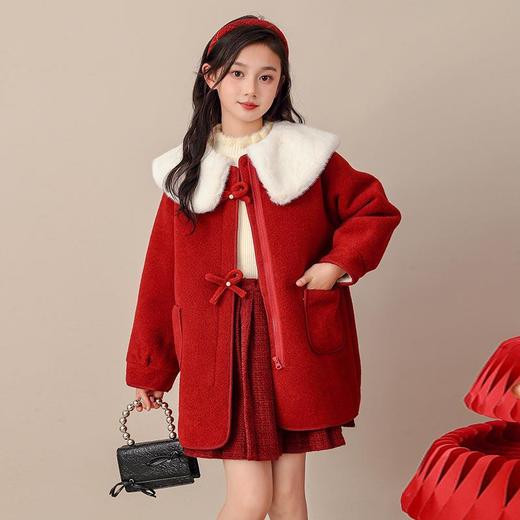 女孩外套新款女童冬装洋气加绒拜年服儿童呢子大衣新年红色中长款 商品图0
