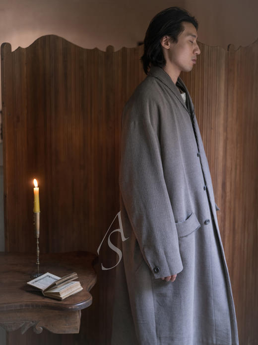 Stovaigh 茶灰色水洗灯芯绒羊毛无领长外套 商品图1