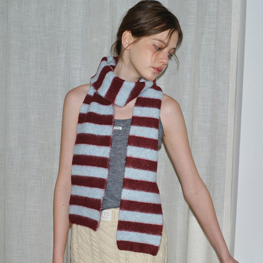 原创小众拉绒羊毛混纺条纹针织围巾！2025女秋冬季柔软搭配撞色毛线围脖！ 商品图1