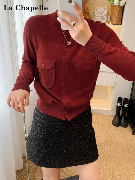会员福利【绵羊毛/柔软有质感】拉夏贝尔/La Chapelle圆领双口袋针织开衫女气质通勤高级感小众百搭毛衣 商品图2