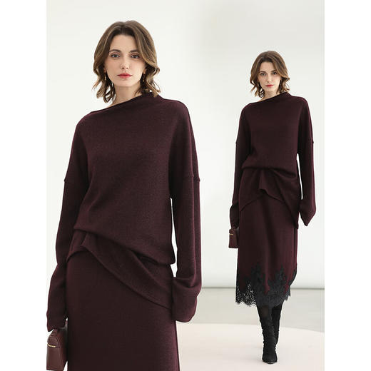 COCOBELLA一字领针织衫女25新款酒红色慵懒风气质毛衣MZ0073 商品图3