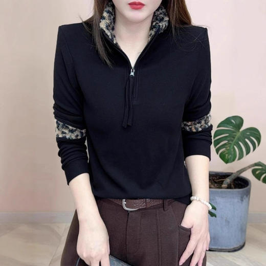 冬季新款豹纹拼接双面绒保暖卫衣洋气拉链立领妈妈装打底衫上衣女 商品图3