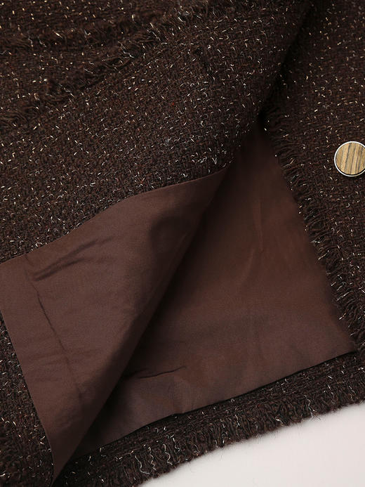 2025 秋冬深棕金闪粗花呢小香风外套女 圆领毛边设计宽松四袋单排扣通勤休闲短款上衣 商品图4