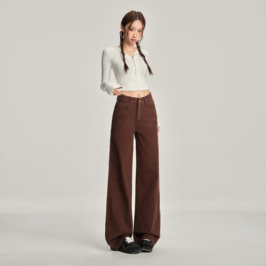 【加绒加厚】罗蒙秋冬款咖色加绒女士阔腿牛仔裤美拉德风百搭长裤 商品图3