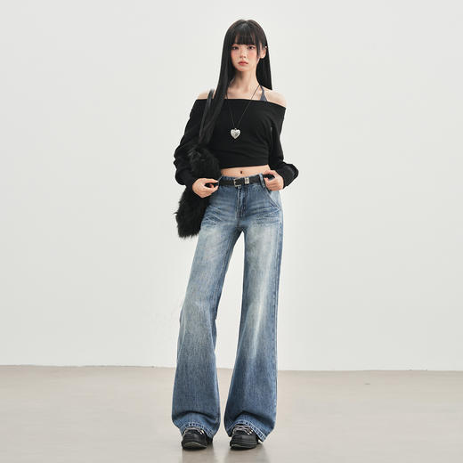 【加绒加厚】罗蒙秋冬款女士牛仔裤浅色加绒保暖舒适高腰微喇宽松百搭长裤子 商品图1