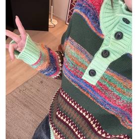 25AW上新 软软同款【彩虹豆】复古慵懒风撞色彩色半开领针织上衣