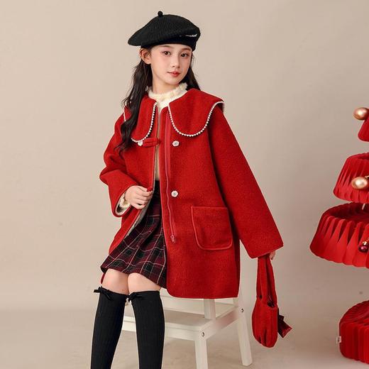 新款毛毛外套大童拜年服冬装加绒加厚呢大衣儿童女童2025红色冬季 商品图1
