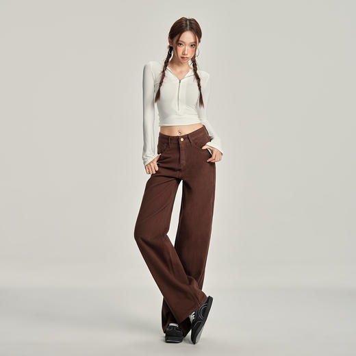 【加绒加厚】罗蒙秋冬款咖色加绒女士阔腿牛仔裤美拉德风百搭长裤 商品图4