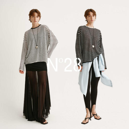 N°28 经典撞色条纹圆领长袖慵懒风亚麻上衣895371T535  商品图1