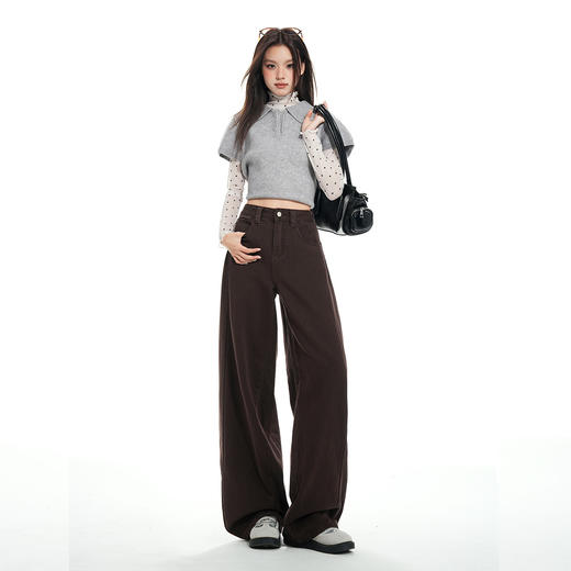 【加绒加厚】罗蒙秋冬款女士高腰弯刀裤咖色美拉德风阔腿百搭长裤 商品图2