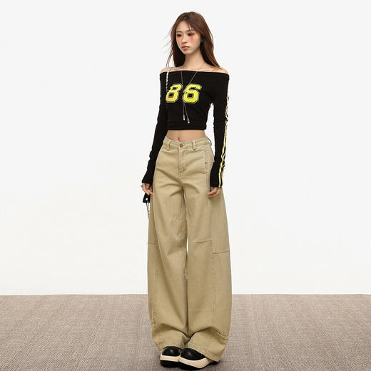 【加绒加厚】罗蒙秋冬款女士弯刀裤卡其色阔腿百搭潮高街显瘦长裤 商品图1