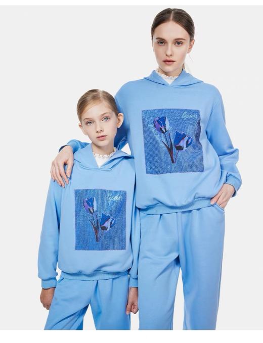 【春上新】8楼琳麦罗 LYNN&MILO 蓝色不倒绒白墨印花烫钻连帽卫衣套装 商品图2