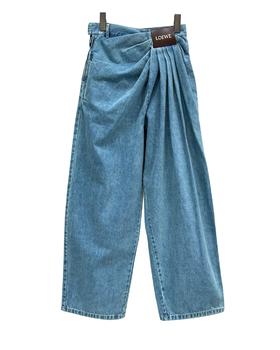 女款褶皱高腰牛仔阔腿裤长裤 可配套装la014