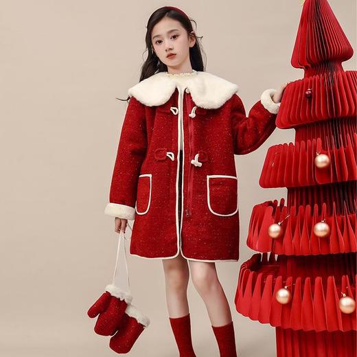 大女童新款可爱新年秋冬毛呢大衣红色毛毛大翻领红色外套甜美拜年 商品图3