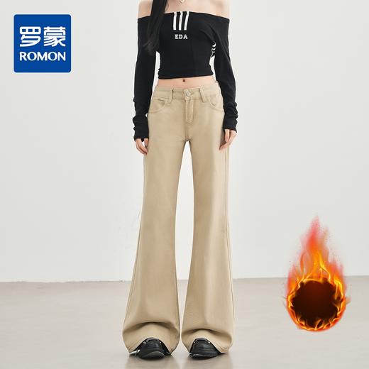 【加绒加厚】罗蒙秋冬款女士微喇牛仔裤加绒卡其色美式风高街百搭长裤子 商品图0
