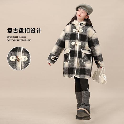 中大童黑色加厚2025新款冬季外套格子女童冬装中长款毛毛衣大衣 商品图1