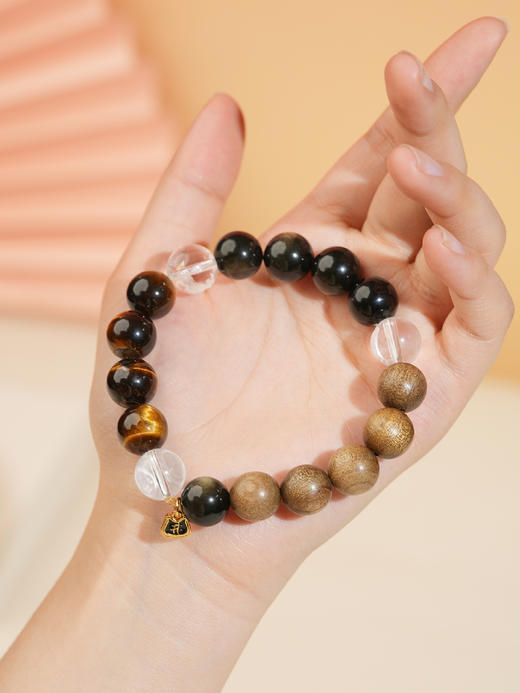 【一念七宝】财富通宝|金耀石虎眼石金丝楠木白水晶三合手串（男款） 商品图4