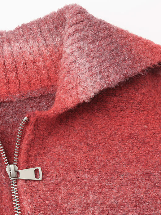 2025 秋冬酒红渐变连帽半拉链毛衣女 宽松毛绒感条纹针织衫 复古氛围感休闲通勤中长款套头上衣 商品图2