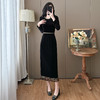 XMZ751秋冬丝绒大码流苏拼接重工钉珠优雅显瘦丝绒连衣裙黑色针织面料 商品缩略图1