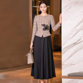 YBY 553H03咖色拼接毛呢连衣裙气质羊毛修身显瘦假两件大摆裙