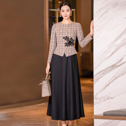 YBY 553H03咖色拼接毛呢连衣裙气质羊毛修身显瘦假两件大摆裙 商品图0