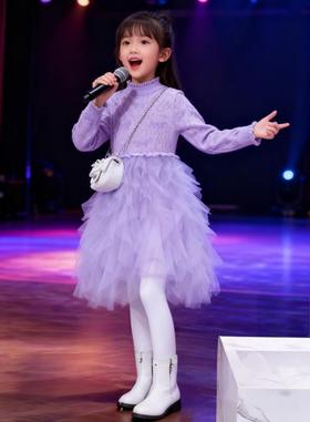 【春上新】8楼 LYNN&MILO琳麦罗 紫色毛织蝴蝶结提花拼网纱长袖连衣裙 可搭 白色仿毛五瓣花盘带绣背心