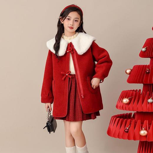 女孩外套新款女童冬装洋气加绒拜年服儿童呢子大衣新年红色中长款 商品图2