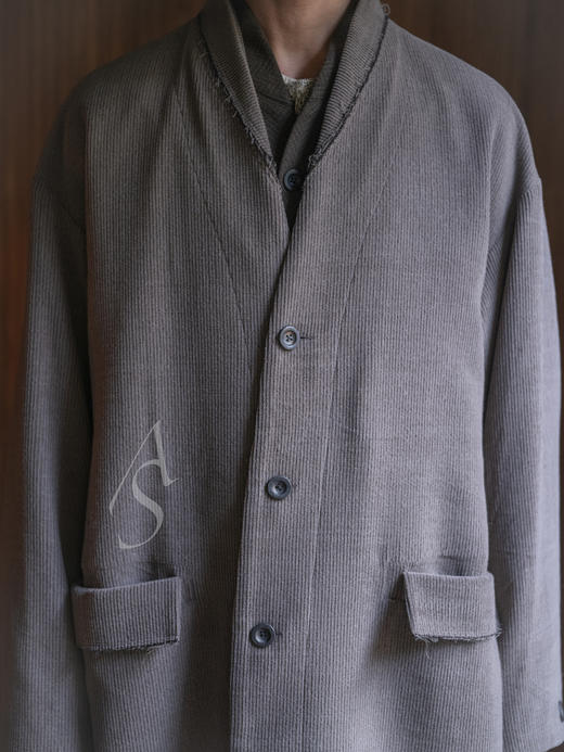 Stovaigh 茶灰色水洗灯芯绒羊毛无领长外套 商品图3