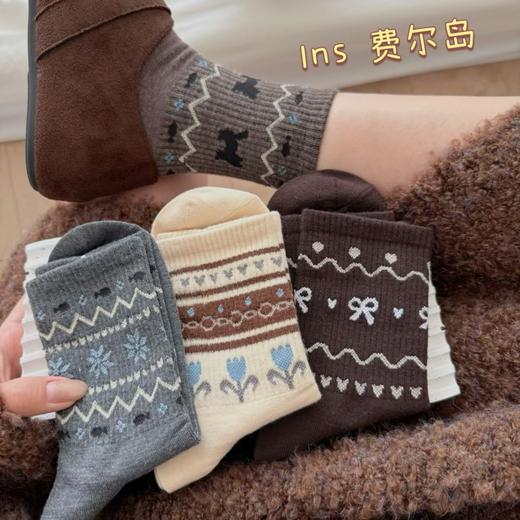 特价秒杀！19.9六双【弹性大不勒腿❗️充满慵懒松弛感】秋冬新款复古费尔岛袜子女士中筒袜ins民族风百搭潮流长筒棉袜女。jb 商品图3