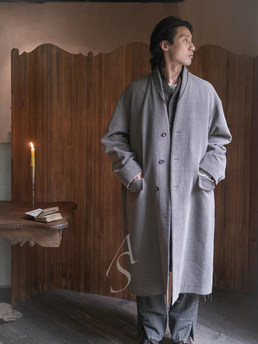 Stovaigh 茶灰色水洗灯芯绒羊毛无领长外套 商品图0