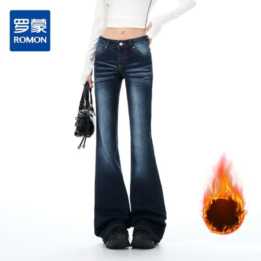 【加绒加厚】罗蒙秋冬款加绒女士牛仔裤微喇裤怀旧美式风显瘦百搭长裤 商品图0