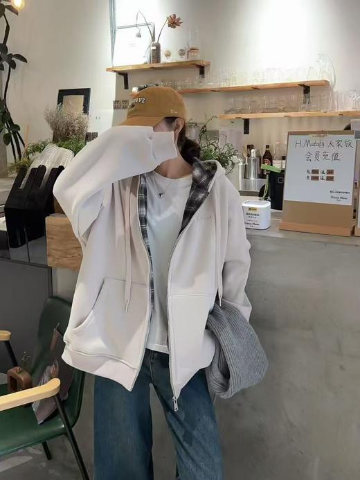 🔥🔥加绒厚款【内里颗粒绒】宽松大版（内里拼格子）连帽休闲卫衣拉链外套-喜出 商品图4