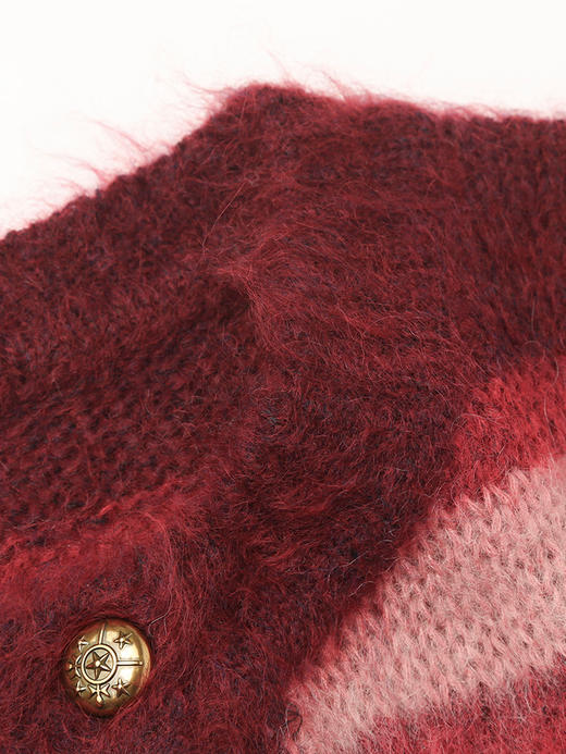 2025 秋冬酒红渐变条纹马海毛开衫女 V 领金属扣宽松毛绒感针织衫 复古氛围感休闲通勤短款毛衣外套 商品图2