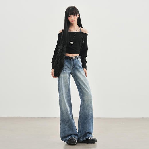 【加绒加厚】罗蒙秋冬款女士牛仔裤浅色加绒保暖舒适高腰微喇宽松百搭长裤子 商品图4