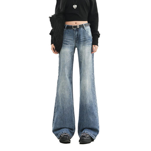 【加绒加厚】罗蒙秋冬款女士牛仔裤浅色加绒保暖舒适高腰微喇宽松百搭长裤子 商品图6