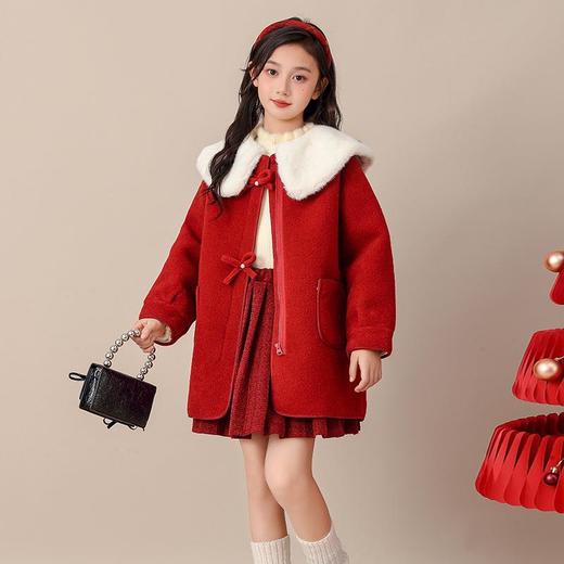 女孩外套新款女童冬装洋气加绒拜年服儿童呢子大衣新年红色中长款 商品图3
